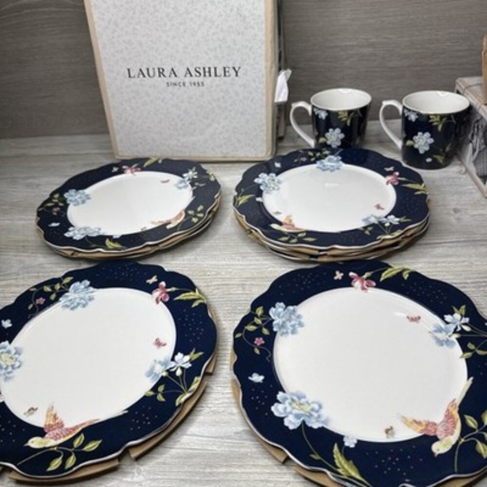 9pc Laura Ashley Heritage Collectables Floral Bird 10" Plates Midnight Blue Cups